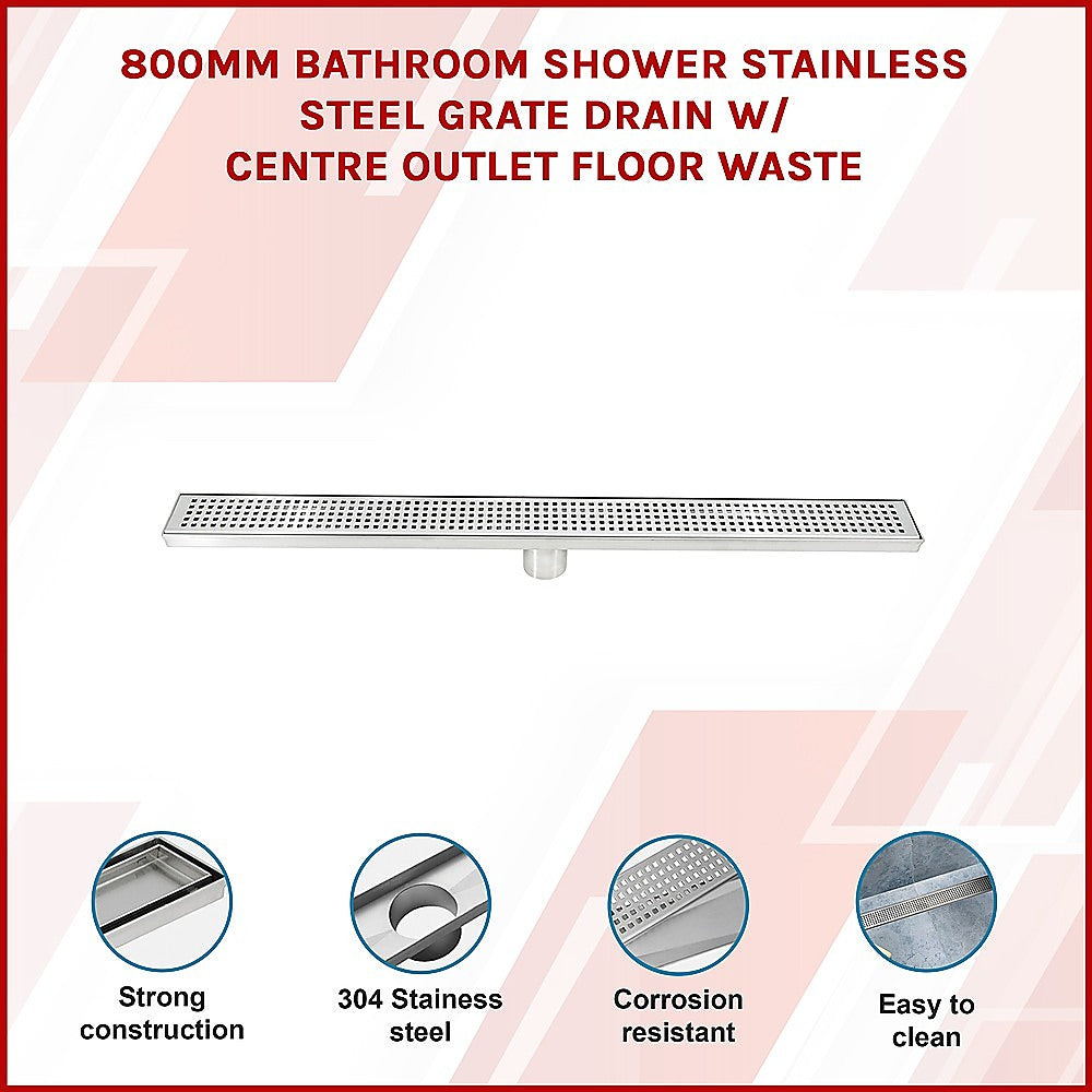 800mm Bathroom Shower Stainless Steel Grate Drain w/Centre outlet Floor Waste