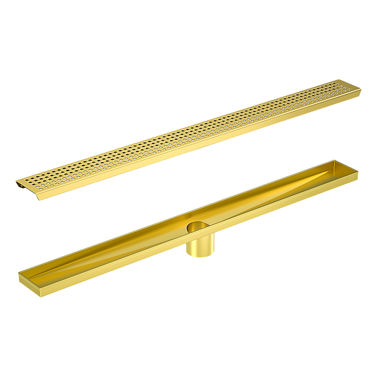 800mm Bathroom Shower Brushed Brass Grate Drain w/ Centre outlet Floor Waste